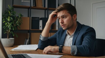 Naklejka premium Overworked businessman at work Stressed millennial man