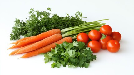 A vibrant assortment of fresh vegetables and herbs, including carrots, parsley, and cherry tomatoes, isolated on a white background