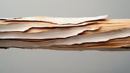 A weathered branch with layers of peeling bark, showcasing a natural gradient of textures from rough exterior to smooth inner wood