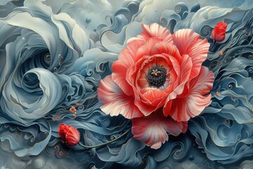 Intricate Floral Illustration with Blue Swirls and Gold Accents