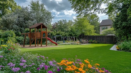 Obraz premium Backyard with a playset, grassy lawn, and colorful flowers. Perfect for family-friendly outdoor spaces and children's play