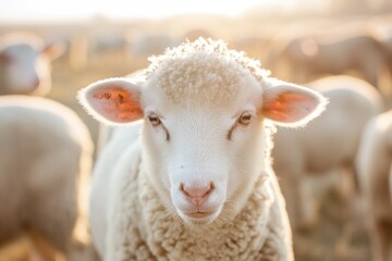 Fototapeta premium Close-up portrait of a fluffy white lamb looking directly at the camera.