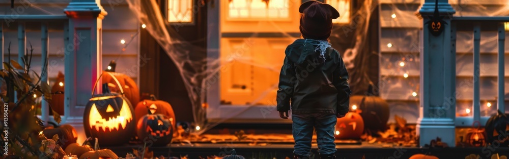 Poster A young child stands in front of a house decorated for Halloween. The house is lit up with string lights and has pumpkins on the porch. The child is looking at the house and appears to be excited abou