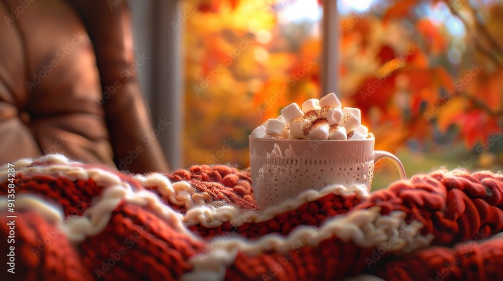 Poster a cup of hot chocolate topped with marshmallows sits on a red and white blanket in front of a window