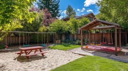 Obraz premium Family-friendly backyard with a sandbox, swings, and a picnic table. Perfect for outdoor play and family activities.