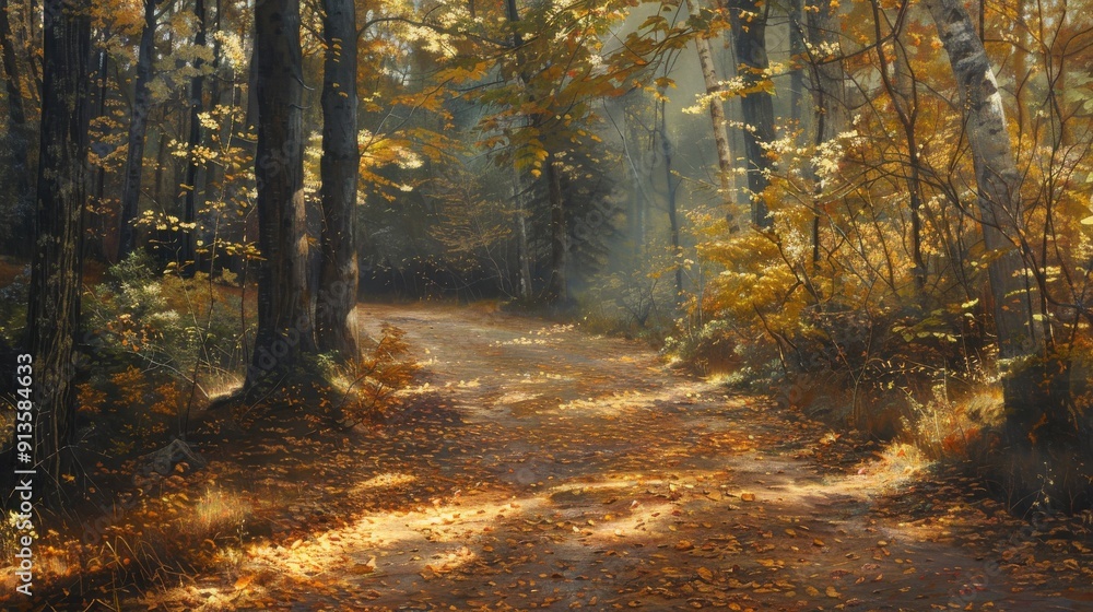 Aufkleber A dirt path winds through a forest with tall trees and golden leaves on the ground. Sunlight streams through the trees, illuminating the path and casting dappled shadows on the forest floor.