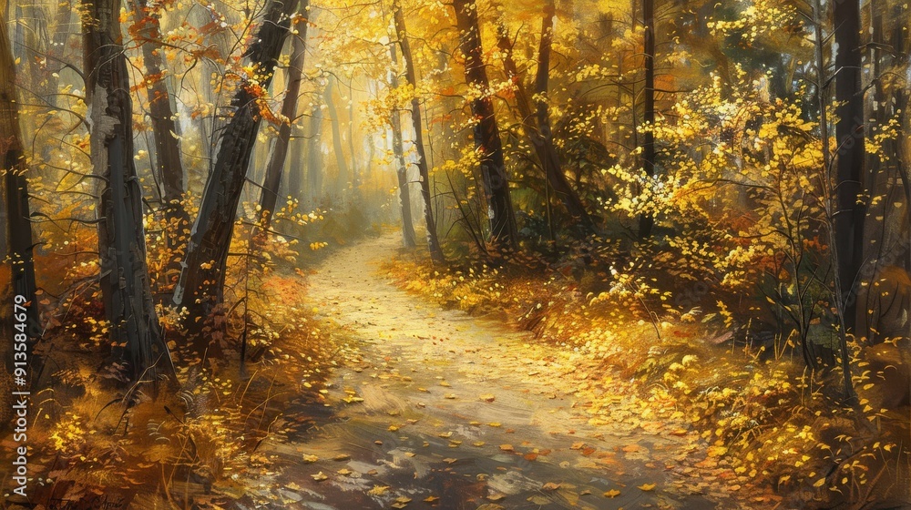 Poster sunlight filters through the canopy of an autumn forest, illuminating a winding path strewn with gol
