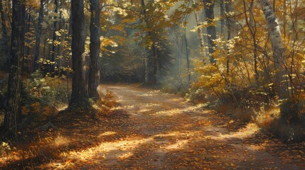Obraz premium A dirt path winds through a forest with tall trees and golden leaves on the ground. Sunlight streams through the trees, illuminating the path and casting dappled shadows on the forest floor.