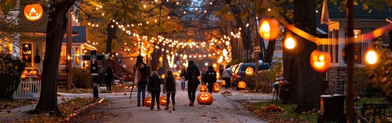 Children carrying carved pumpkins walk down a street lit with string lights and decorated with jack-o'-lanterns. The street is lined with houses, and there are fallen leaves on the ground.