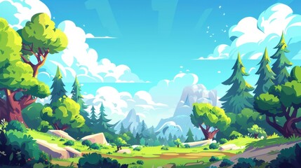 Obraz premium Cartoon illustration of forest and clear sky with clouds, game style, 