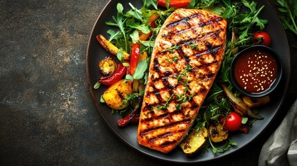 Grilled salmon steak served with BBQ vegetables, fresh greens, and a touch of spices, top view. A perfect blend of flavors and colors.