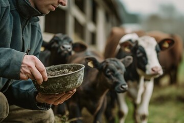 Farmer feeding hay to calves in a barn.