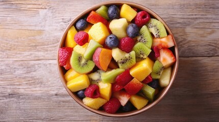 Healthy fresh fruit salad in a bowl on a rustic wooden background, top view. Ideal for showcasing colorful and nutritious meal options.