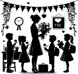 Obraz premium black and white vector silhouette image of schoolchildren and teacher on Teacher's Day