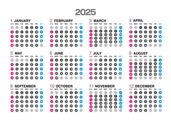 タイトル : 2025年の年間カレンダー日曜始まり日本の祝日表記無し