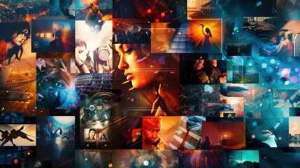 Movie showing grid screen, showing and new coming program, AI generated for Ads