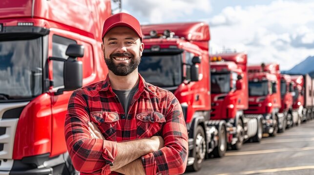 A cheerful truck driver stands confidently in front of a lineup of red trucks.