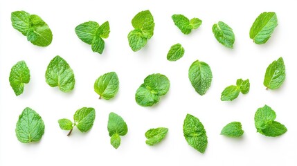 Top view of fresh green mint leaves isolated on a white background. Perfect for herbal, natural, and refreshing concepts.