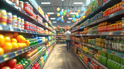 Cartoon 3D customers browsing aisles in a grocery store