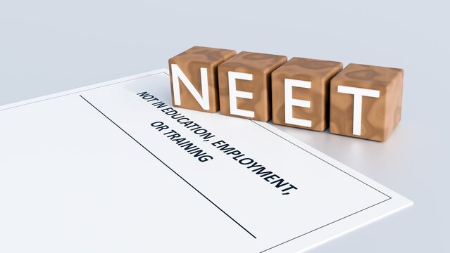 A 3D rendering of wooden shape blocks forms the word "NEET," which stands for Not in Education, Employment, or Training. 