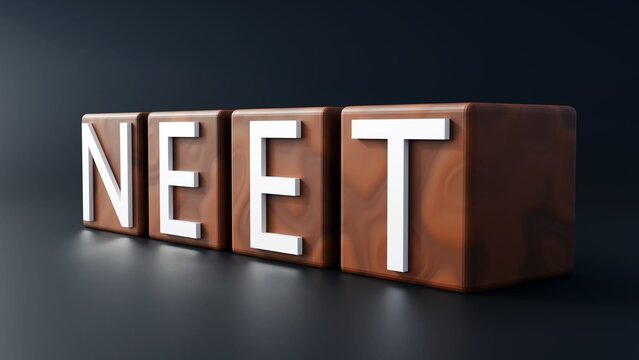 A 3D rendering of wooden shape blocks forms the word "NEET," which stands for Not in Education, Employment, or Training. 