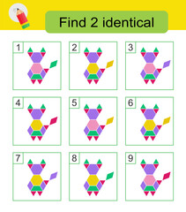 Fun puzzle game. Need to find two identical cartoon animals. Answer is 2,6.