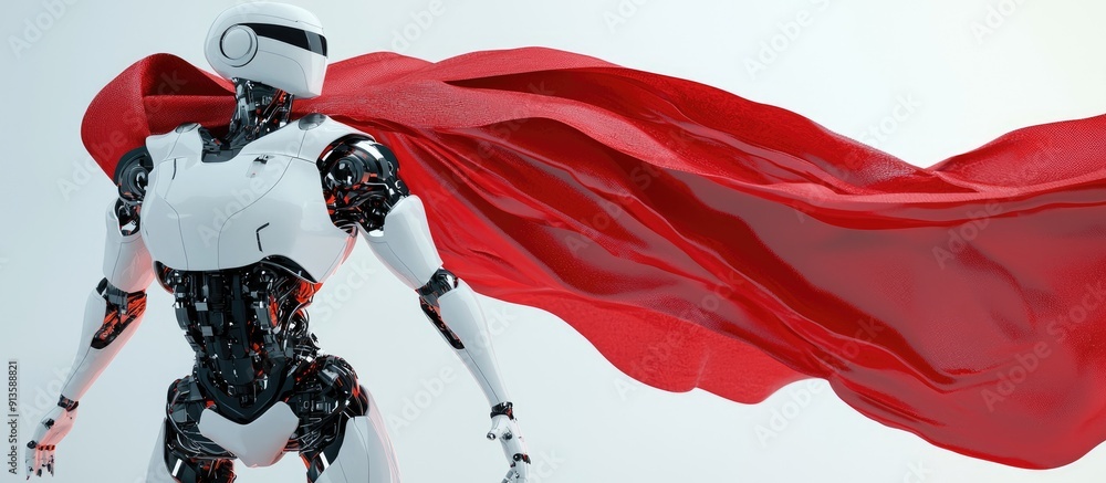 Poster heroic robotic assistant striking a powerful pose with a flowing red cape emphasizing artificial int