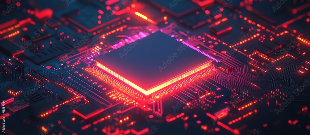 Poster microchip design featuring a central processing unit symbolizing a technological representation of a