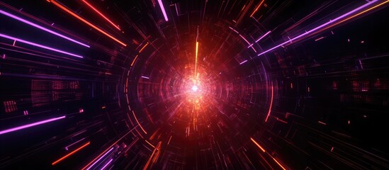 Fototapeta premium Futuristic cyberpunk background featuring a 3D rendered illustration with dark tones abstract red and orange neon lights glowing lines and violet laser lights creating a tunnel like virtual realit
