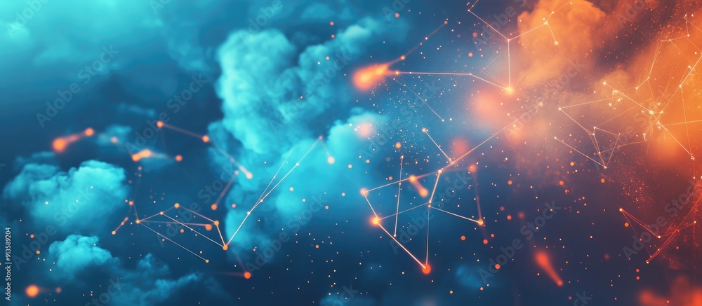 Poster network of connections illustrated over digital clouds with arrows on a blue background concept of g