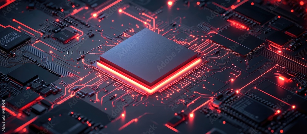 Poster microchip design featuring a central processing unit illustrating a country s outline on a dark back