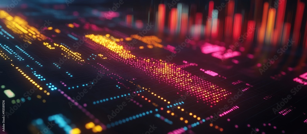 Poster Vibrant stock market tracker displaying illuminated graphs on a dark interface Concept of investment and technology 3D rendering
