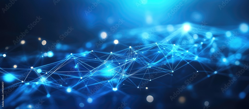 Poster global communication visualization with connected octagonal lines and dots on blue technology backgr