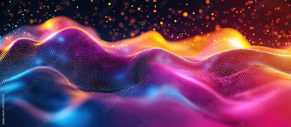 Poster dynamic wave of particles in an abstract gradient hologram background featuring digital technology a