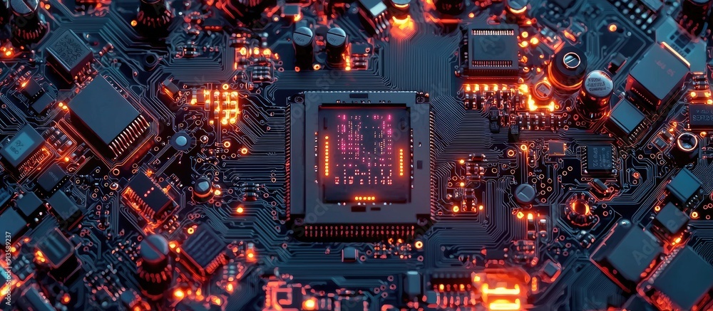 Poster high resolution image showcasing a microprocessor nestled in a circuit board emphasizing detailed ci