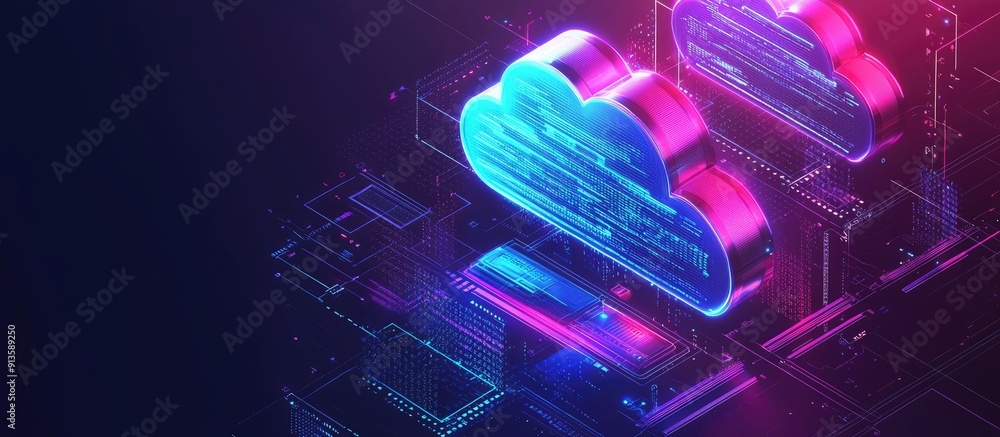Poster isometric concept of cloud storage with digital file transfer and generative ai online computing tec