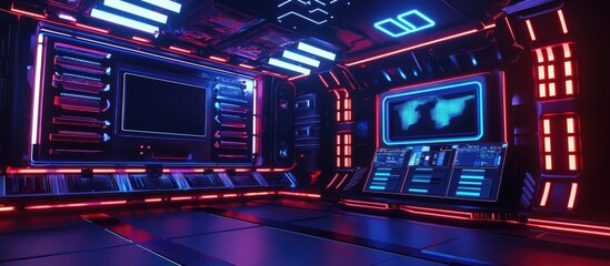 Fototapeta premium Futuristic 3D illustration of a cyberpunk gaming environment with a sci fi stage and advanced technology display