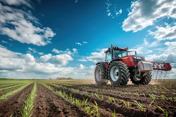 Obraz premium Red tractor driving through a field of crops, cultivating the soil.
