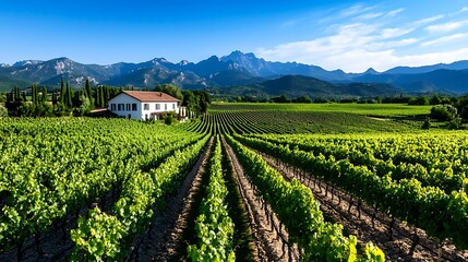 Endless rows of grapevines flourish under a vast blue sky, a picturesque vineyard landscape promising bountiful harvest