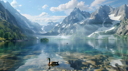 Tranquil Lake Surrounded by Majestic Mountains.