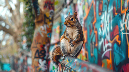 A curious squirrel perched on a colorful graffiti-covered fence, blending nature with urban art for a vibrant visual contrast.