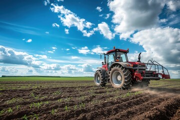 Obraz premium Red tractor working a field of green crops on a sunny day.