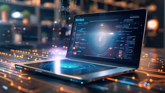 A futuristic laptop with a glowing screen displaying data and a security lock icon