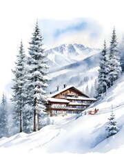 Fototapeta premium Watercolor Ski Resort Landscape Art