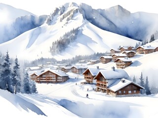 Watercolor Ski Resort Landscape Art
