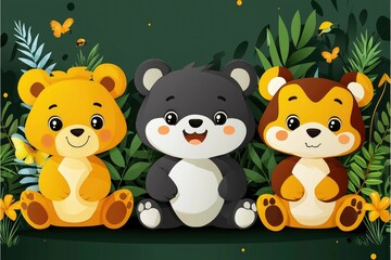 Naklejka premium Cute Cartoon Animals in a Forest Setting