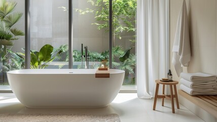 Fototapeta premium A minimalist white bathroom with a freestanding tub and a view of a lush garden.