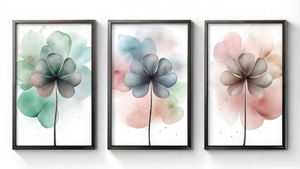 A set of three poster, minimalistic abstract pastel   watercolors clover  leaves wall art
