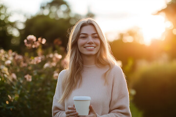 Smiling young woman holding a cup of coffee outdoors at sunset, representing relaxation and happiness.