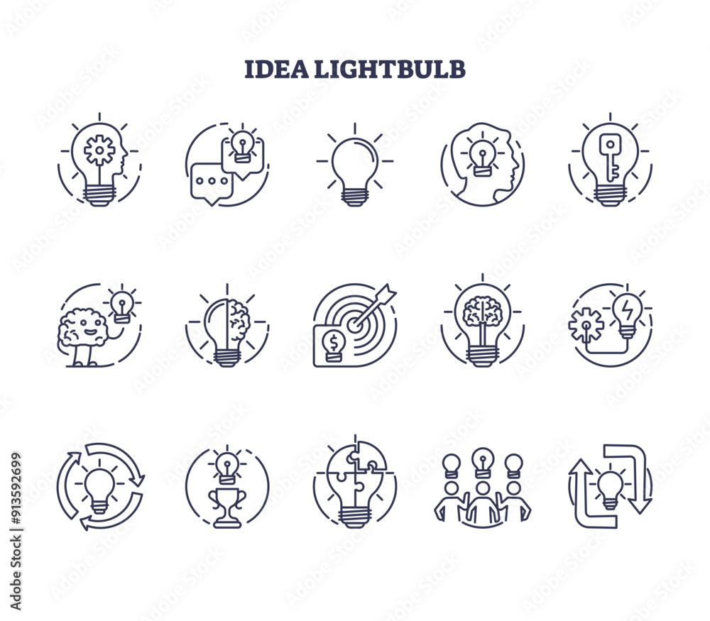 Poster idea lightbulb icons as smart and creative symbol outline collection set, transparent background. is
